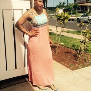 Peach dress with tribal print across the top